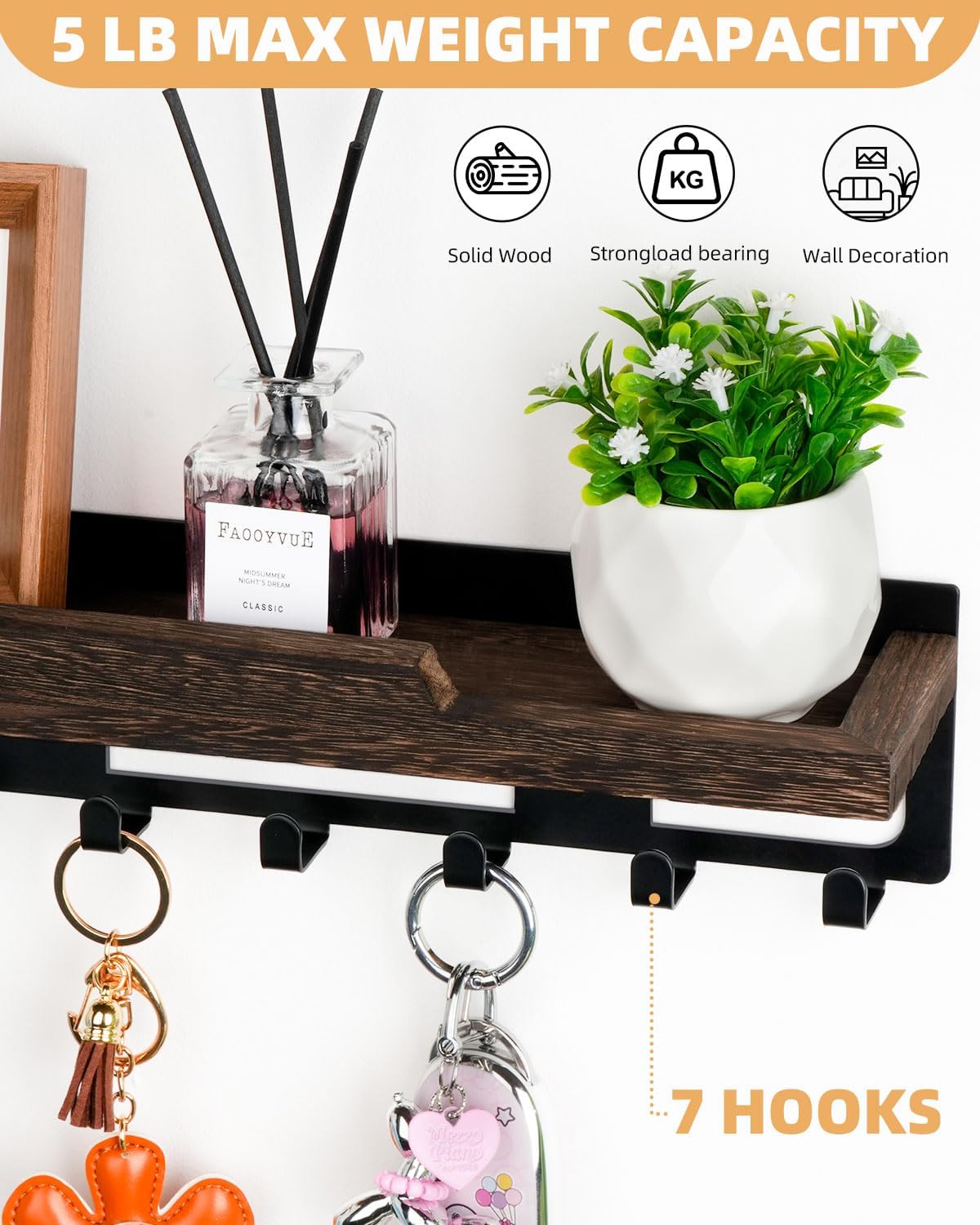lucdnc Key Holder for Wall Mounted with Tray, 7 Hooks & Wood Shelf | Decorative Entryway Organizer for Mail, Keys, Sunglasses, Wall Mounted, Home Office