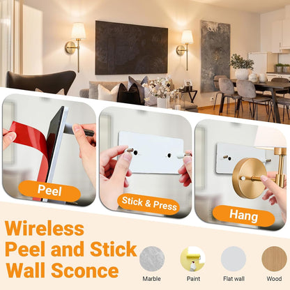 Nekhung Battery Operated Wall Sconce, Peel and Stick Sconces Set of 2
