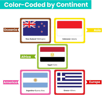 Menique Flags of the World Memory Matching Game – 100 Cards, 50 Countries & Capitals – World Flags Flash Cards for Kids & Adults – Color-Coded by Continent
