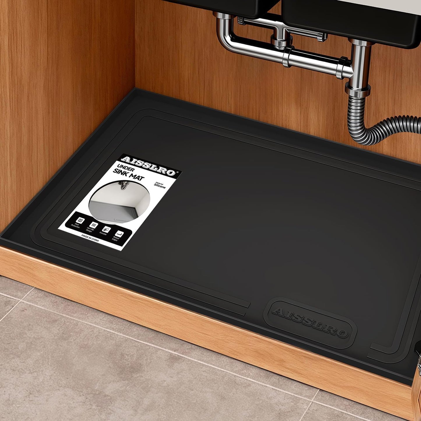 Under Sink Mat 22" X 19", Waterproof Silicone Cabinet Kitchen Liner, Gray | BPA-Free Raised-Edge Cabinet Protector & Leak Tray for Bathroom Cabinets, Boots, Pet Feeding Dog & Cat Mats, Dishwasher Safe