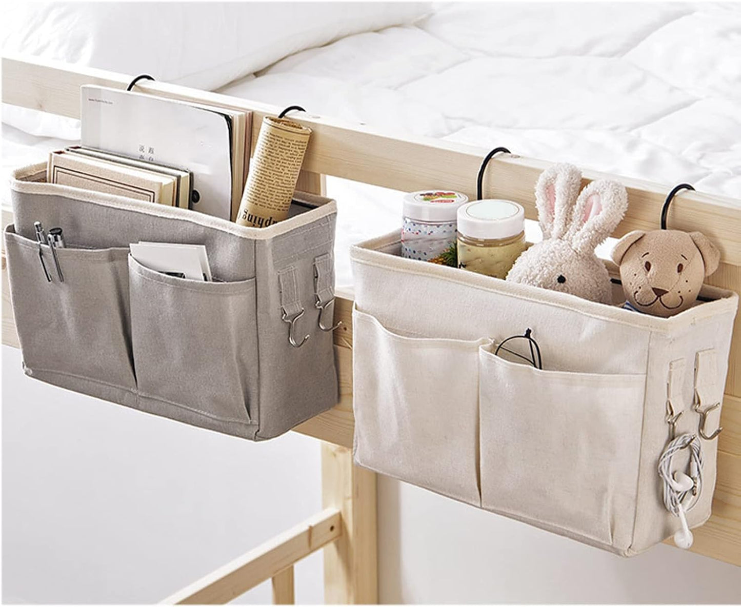 Bedside Caddy Hanging Bed Organizer Storage Bag Pocket for Dorm Rooms Bed Rails Nightstand Hanging Bag Cotton Linen Bedside Storage Pocket Organizer Basket for Bunk Bed Dorm Rooms(Grey)