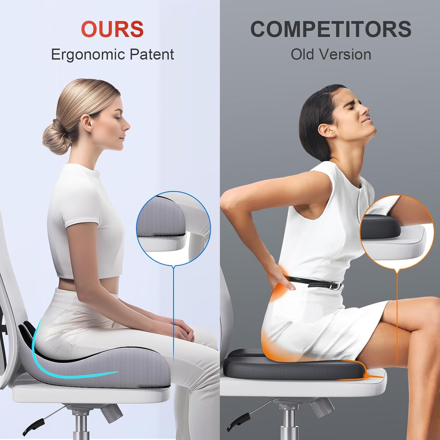 Benazcap Large Ergonomic Seat Cushion Relieves Sciatica & Tailbone Pain | Ergonomic memory foam relieves sitting strain, washable slip-resistant cover, fits office, car, gaming chairs all day