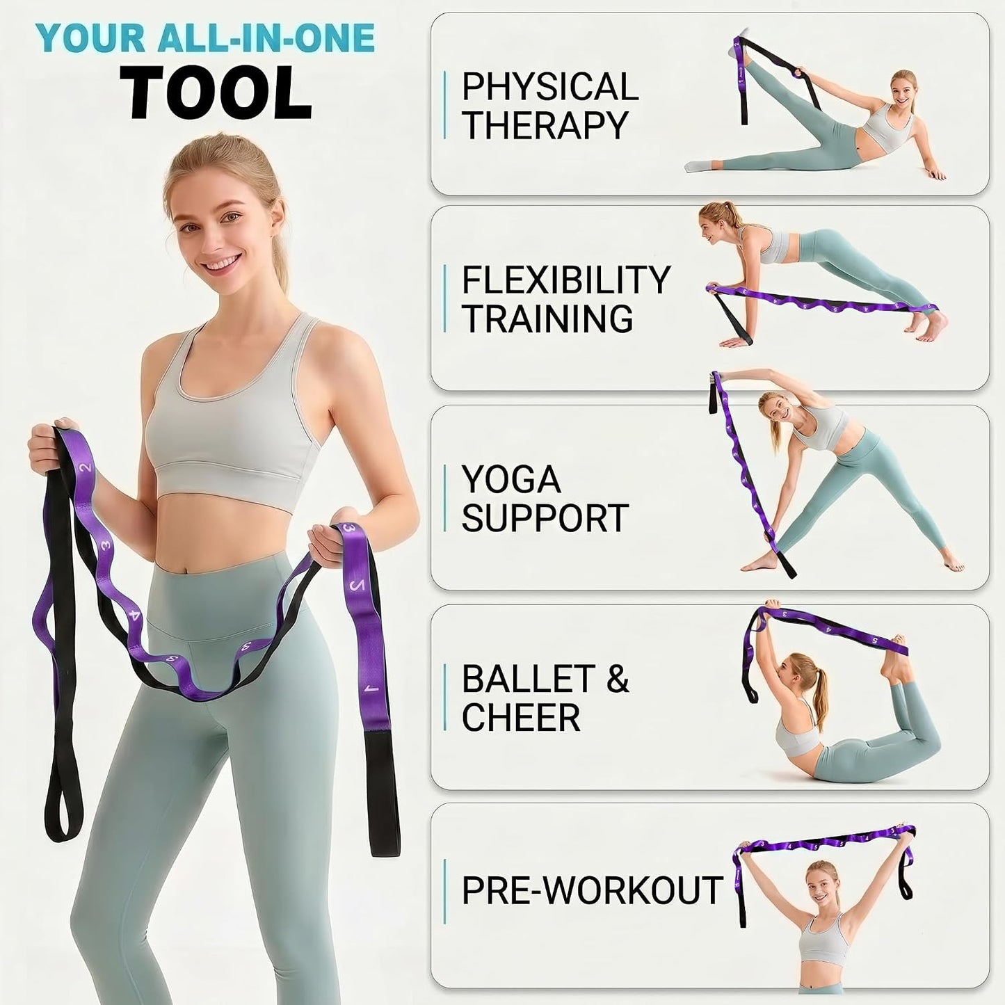 Acozycoo Stretching Strap with Loops for Physical Therapy,Knee,Calf,Back | Yoga Strap for Stretching,Non-Elastic Stretch Band,Rehab,Pilates,Flexibility Training,Hamstring,Leg Lifter,Fascia,Leg,Hip