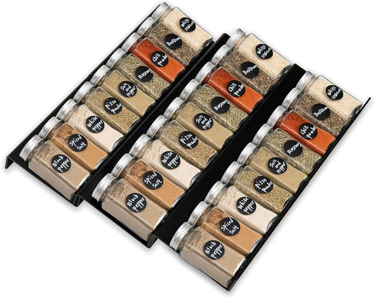 6PCS Expandable Spice Drawer Organizer Insert, Adjustable Tiered Countertop Tray for Spice Jars - Fits Kitchen Drawers (6, Black)