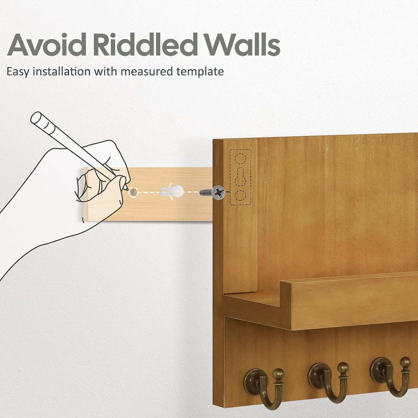 HONJIN Key Holder Wall Mount with Shelf and 5 Sturdy Key Hooks (White) | Key and Mail Holder Wall Mount, Wooden Entryway Organizer and Decorative, Easy Installation, 10*3.8*6.85 Inch