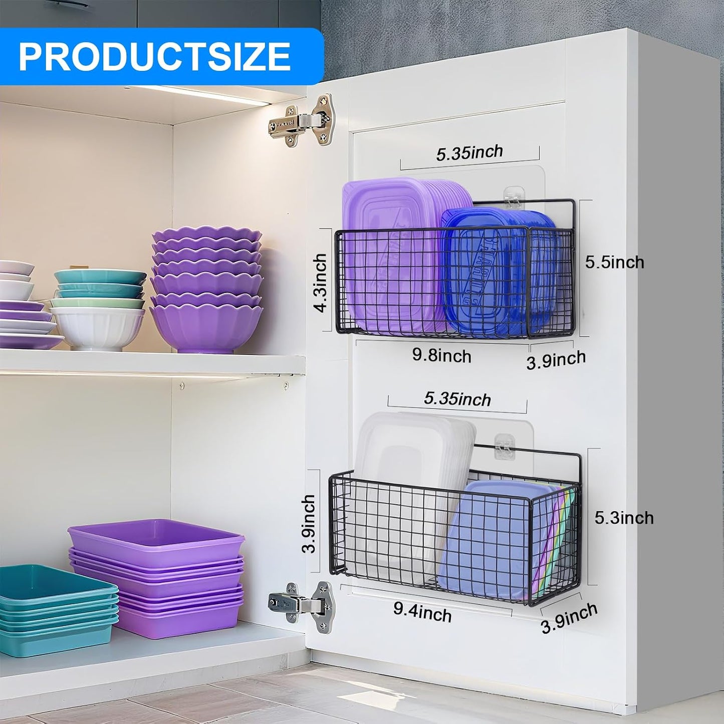 2 Pack Large Adhesive Kitchen Cabinet Door Organizer - Lid Organizer Inside Cabinet Wall Mounted Pantry Door Caddy for Kitchen Containers Lid Kitchen Under Sink Basket