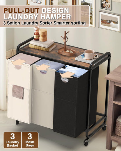 Laundry Sorter 3 Section,Laundry Basket with Wheels,3×15.8 Gal (60L) | Laundry Room Organization with Wooden Desktop Shelf,Pull-Out and Removable 900D Oxford Fabric Laundry Bags for Laundry Room