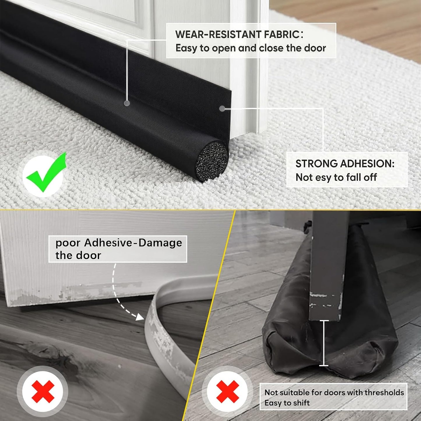 HomeProtect Door Draft Stopper Weather Stripping Door Seal Under Door Sweep Block Cold Air Gaps Front Soundproof Draft Blocker for Bottom of Door Suitable for Interior/Exterior,White