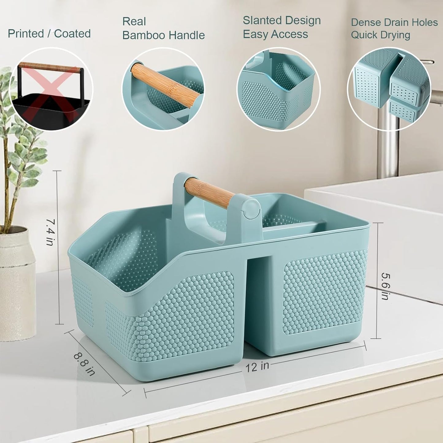 Plastic Shower Caddy Portable Shower Basket with Bamboo Handle, White | Cleaning Caddy Organizer Storage Tote for Bathroom, College Dorm Essentials, Bath Toy Storage