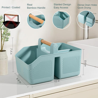 Plastic Shower Caddy Portable Shower Basket with Bamboo Handle, White | Cleaning Caddy Organizer Storage Tote for Bathroom, College Dorm Essentials, Bath Toy Storage
