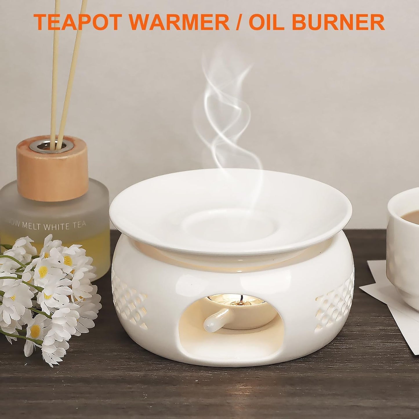Teapot Warmer, Ceramic Tea Warmer with Tealight Holder, Teapot Heater for Heating Tea, Coffee, Milk, Tea Light Warmer, Suitable for All Teapots
