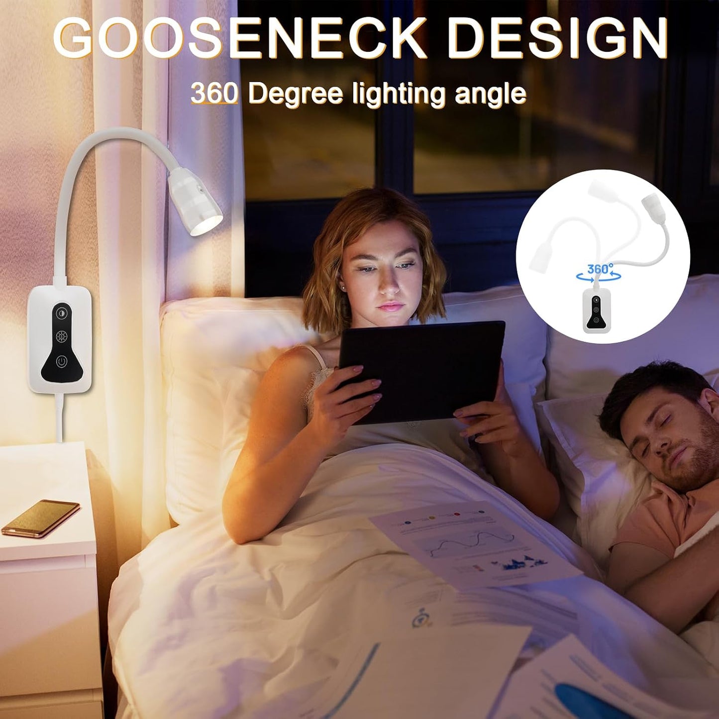 Wall Mounted LED Reading Light for Bed Headboard - 5 Color & Brightness Levels Dimmable Book Light with Touch/Wave Control, USB Output - Night Reading Lamp for Books in Bed