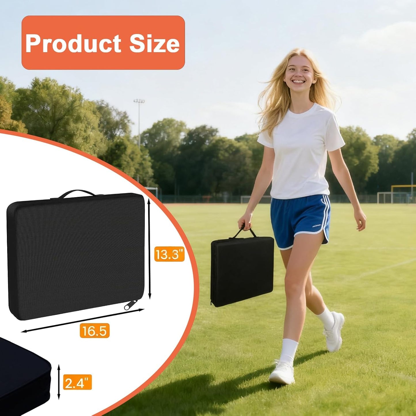 2 Pack Heated Black Stadium Seat Cushions for Bleachers, Extra Thick 2.4" Waterproof 600D Oxford Cushion with Handle & Zipper, Portable Indoor Outdoor for Sports Events, Office Chairs, Beaches