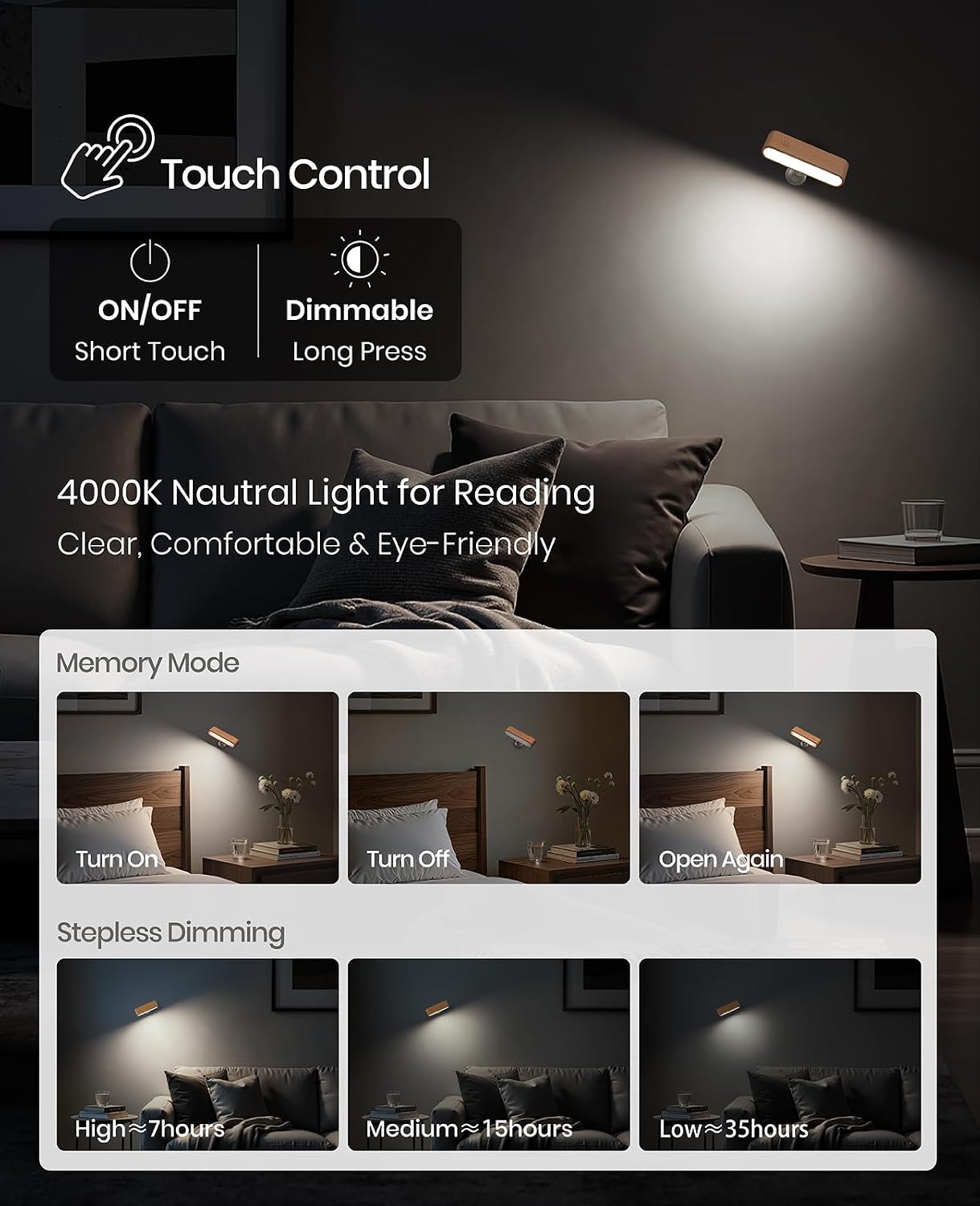 Rechargeable Wall Sconce, Reading Light for Bed, Magnetic Wood Lamp | Set of 2, Black Walnut, Touch Control, Adjustable Brightness, 4000K Nautral Light for Reading, Headboard Light, 360° Rotation