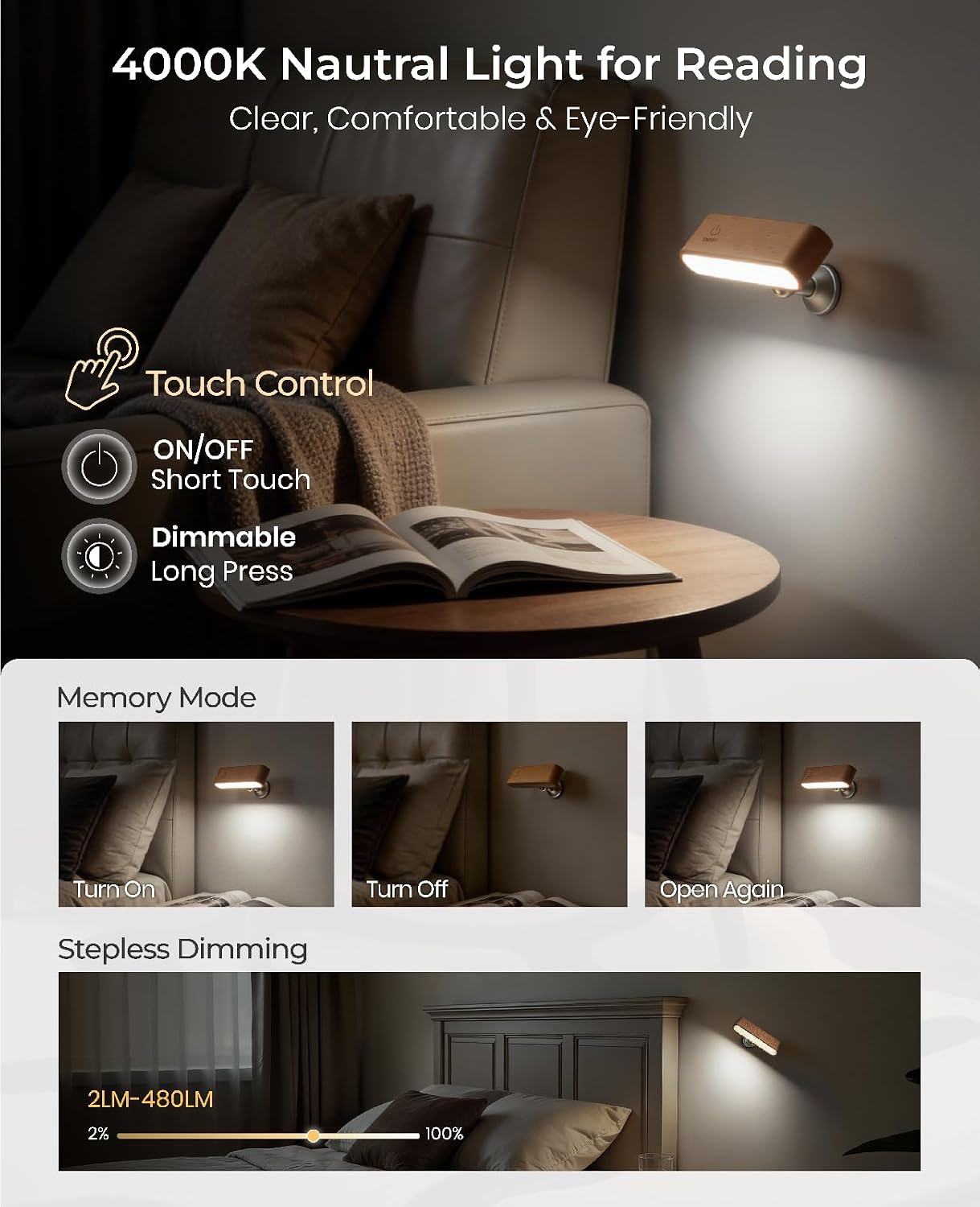 Rechargeable Wall Sconce, Reading Light for Bed, Magnetic Wood Lamp | Set of 2, Black Walnut, Touch Control, Adjustable Brightness, 4000K Nautral Light for Reading, Headboard Light, 360° Rotation