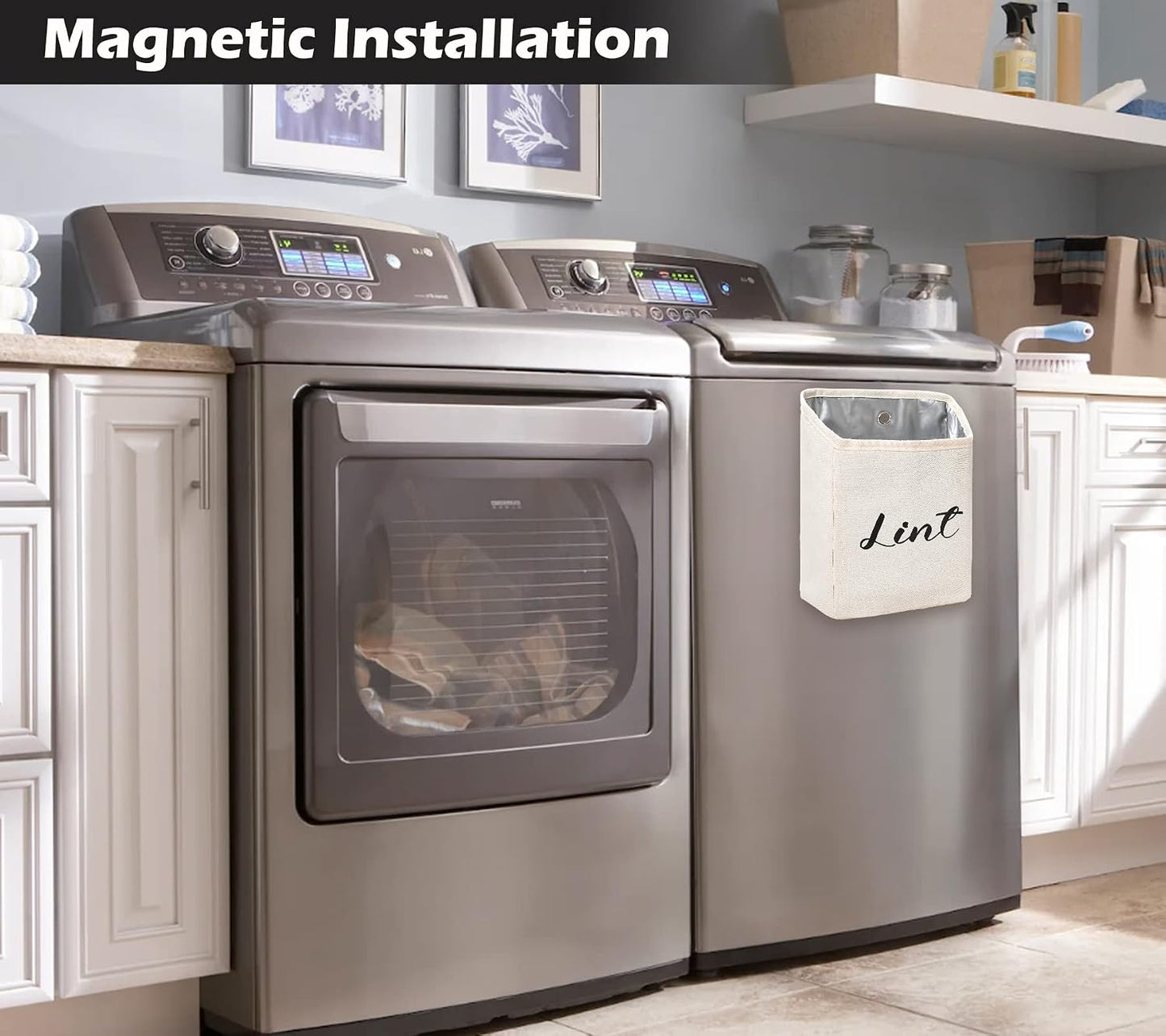 Kamehame Magnetic Lint Bin for Laundry Room Organization and Storage, Cotton Linen Lint Bag, Wall Mount Space Saving Washer Dryer Trash Can Collector