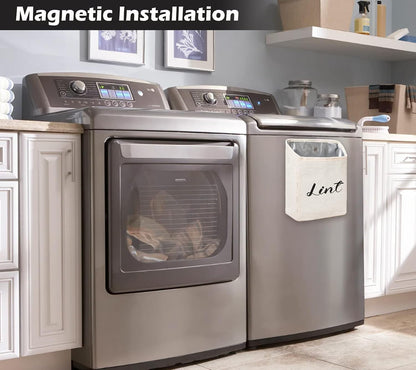 Kamehame Magnetic Lint Bin for Laundry Room Organization and Storage, Cotton Linen Lint Bag, Wall Mount Space Saving Washer Dryer Trash Can Collector