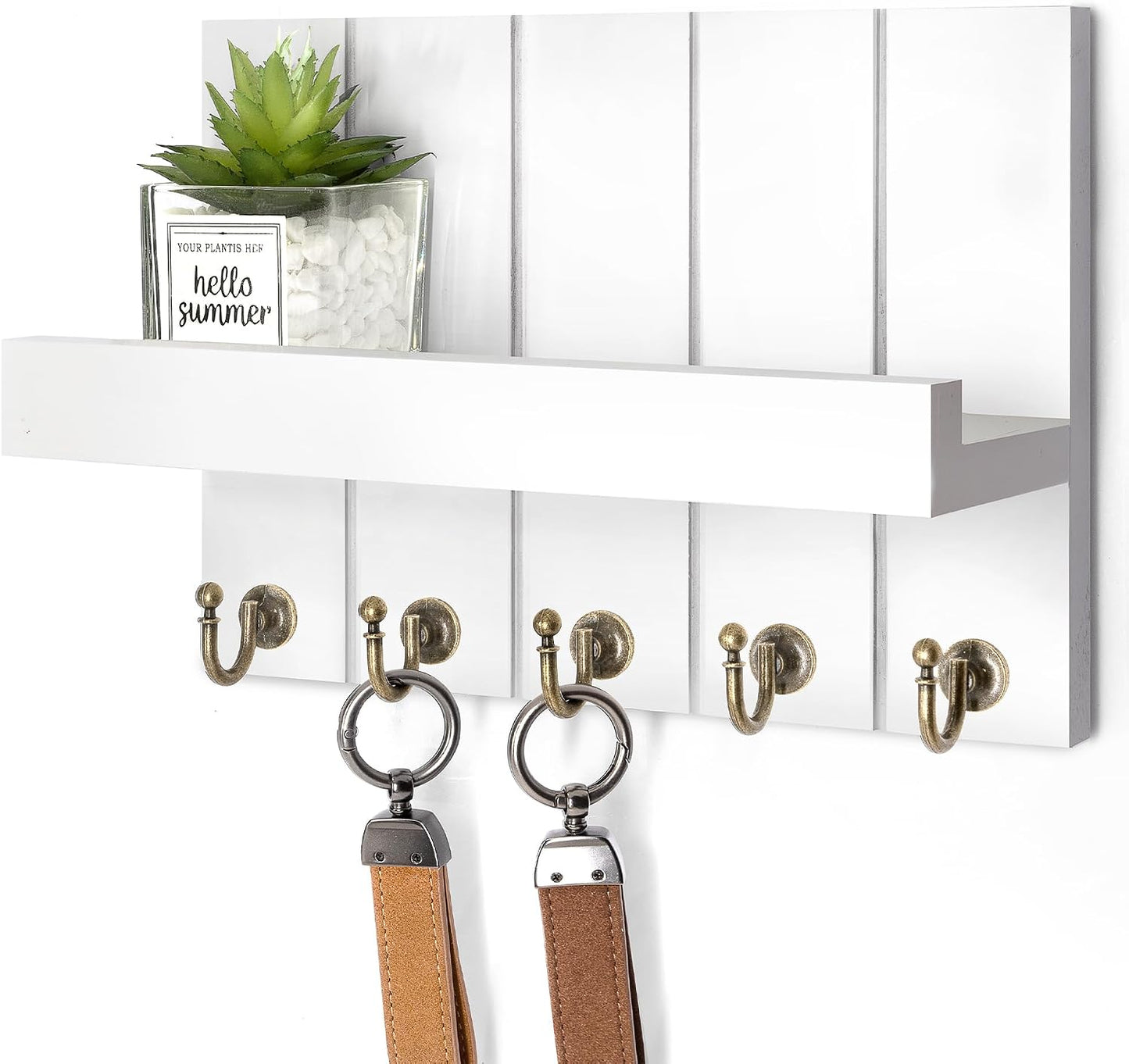 Rebee Vision Key Holder Wall Mount with 5 Key Hooks for Home Decor, Brown | 3.54'' x 10'' x 7.28'', Small Shelf for Display Plant, Key Hangers for Hat, Entryway Space-Saving Storage