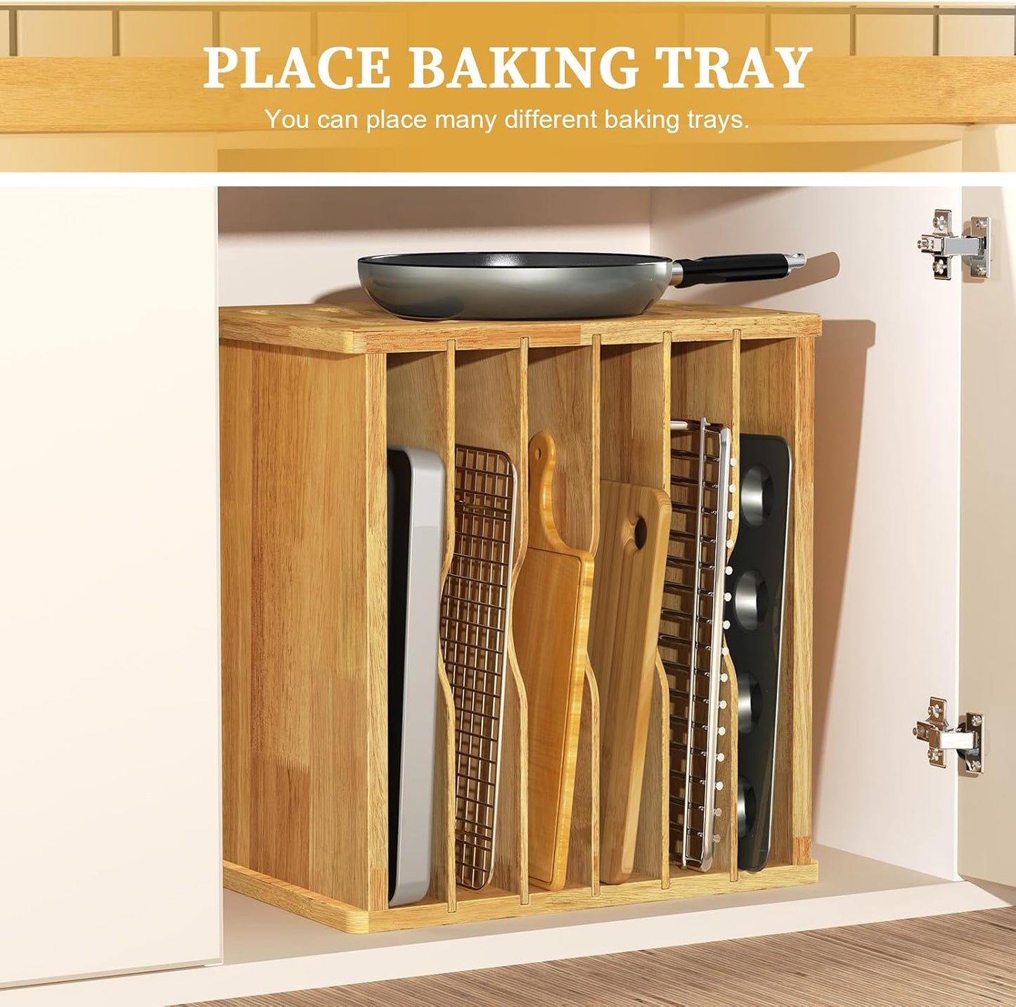 4 Tier Rubber Wooden Tray Dividers for Cabinets, Cookie Sheet Organizer | Heavy Weight, Premium Wood, Multiple Sizes, Saving Space, Vertical Tray Dividers for Storing pans, Baking tray, Cutting Board