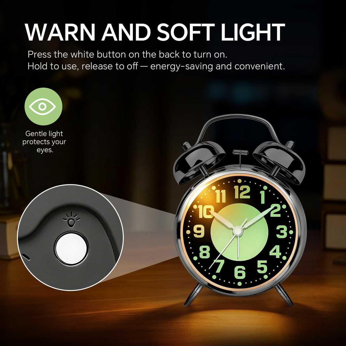 4.5" Metal Loud Alarm Clock for Heavy Sleepers Adults, Analog Battery Operated Alarm Clock with Bells Glow in Dark Numbers, Silent Old School Bedside Desk Clock for Bedroom Office Kids, Black