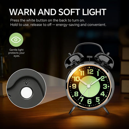 4.5" Metal Loud Alarm Clock for Heavy Sleepers Adults, Analog Battery Operated Alarm Clock with Bells Glow in Dark Numbers, Silent Old School Bedside Desk Clock for Bedroom Office Kids, Black