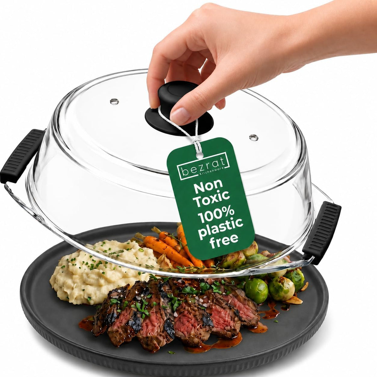 Bezrat Glass Microwave Cover with Silicone Knob and Handles, Splatter Guard Lid, BPA Free, Dishwasher Safe (Black)