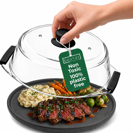 Bezrat Glass Microwave Cover with Silicone Knob and Handles, Splatter Guard Lid, BPA Free, Dishwasher Safe (Black)