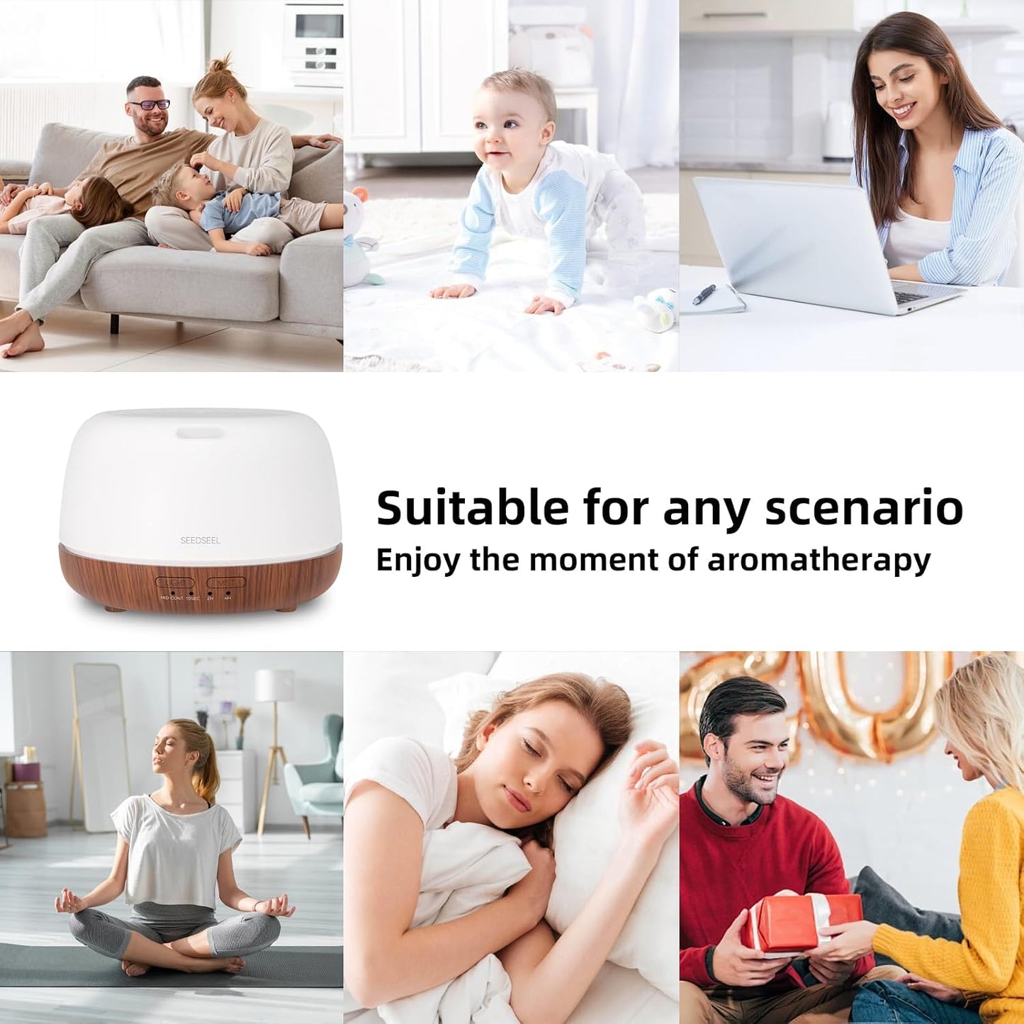 SEEDSEEL 300ML Essential Oil Diffuser with 7-Color LED Lights and Remote Control, Modern Minimalist Design, High-Efficiency Ultrasonic Mist Aromatherapy Diffuser for Home