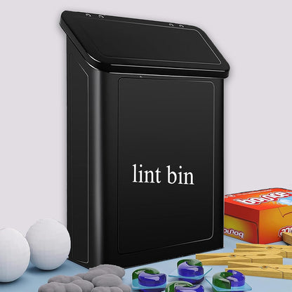 Magnetic Lint Bin with Lint Brush, two white hooks, one black back hook & all accessories for Laundry Room decor, Wall-Mounted Lint Bin with Lid, Powder Coated, Space-Saving Trash Can (Black)