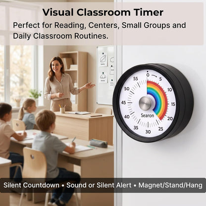 Searon Magnetic Visual Classroom Timer for Teachers, 60-Minute Countdown | No-Tick with Sound or Silent LED Alert, Pause, Magnet/Stand/Hang for Reading, Small Groups & Classroom Routines