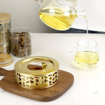 QWORK Tea Kettle Warmer, Brushed Stainless Steel Tea Kettle, Hollow Frame, with Tea Candle Holder, Fits Most Teapots, Gold