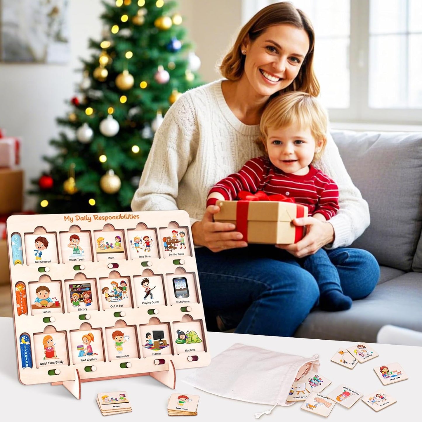ABCxGOOD Wooden Visual Schedule for Kids Chore Chart, Morning Bedtime Daily Routine Chart for Toddlers, Autism Learning Materials for Homeschool Classroom,76 Wooden Cards.