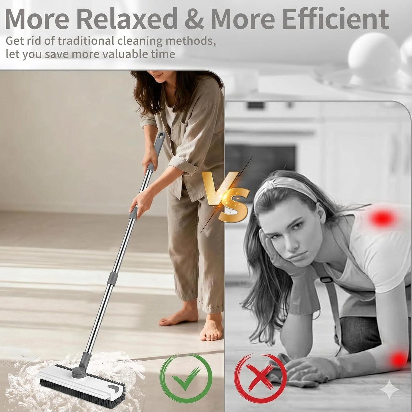 3 in 1 Floor Scrub Brush,Floor Scrubber with Squeegee and Tweezer, Push Broom with Long Handle,Heavy-Duty Stiff 90° Bristle Broom for Patio,Shower, Garage,Deck,Tile, Concrete & Wood Surface