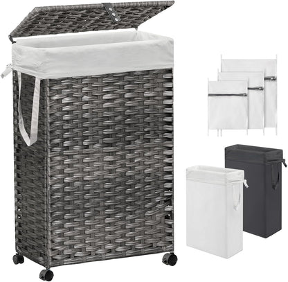 70L Slim Laundry Hamper with Lid & Wheels, Rolling Laundry Basket with 2 Removable Liner Bags & 3 Mesh Bags, Narrow Dirty Clothes Basket, Foldable Handwoven Rattan Laundry Sorter, Brown
