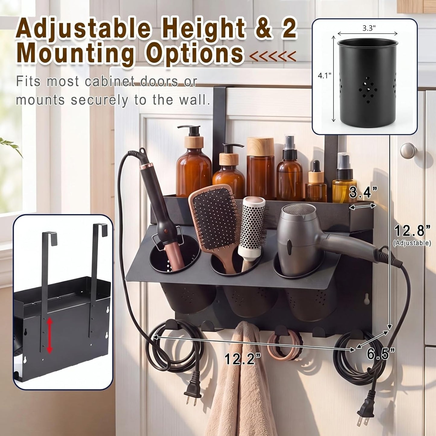 Hair Tool Organizer Wall Mount Hair Dryer Holder for Cabinet Door | 6 Hooks Adjustable Height 3-in-1 Blow Dryer Holder for Bathroom Storage Heat Resistant Styling for Flat Iron Curling Iron