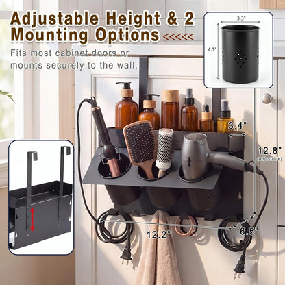 Hair Tool Organizer Wall Mount Hair Dryer Holder for Cabinet Door | 6 Hooks Adjustable Height 3-in-1 Blow Dryer Holder for Bathroom Storage Heat Resistant Styling for Flat Iron Curling Iron