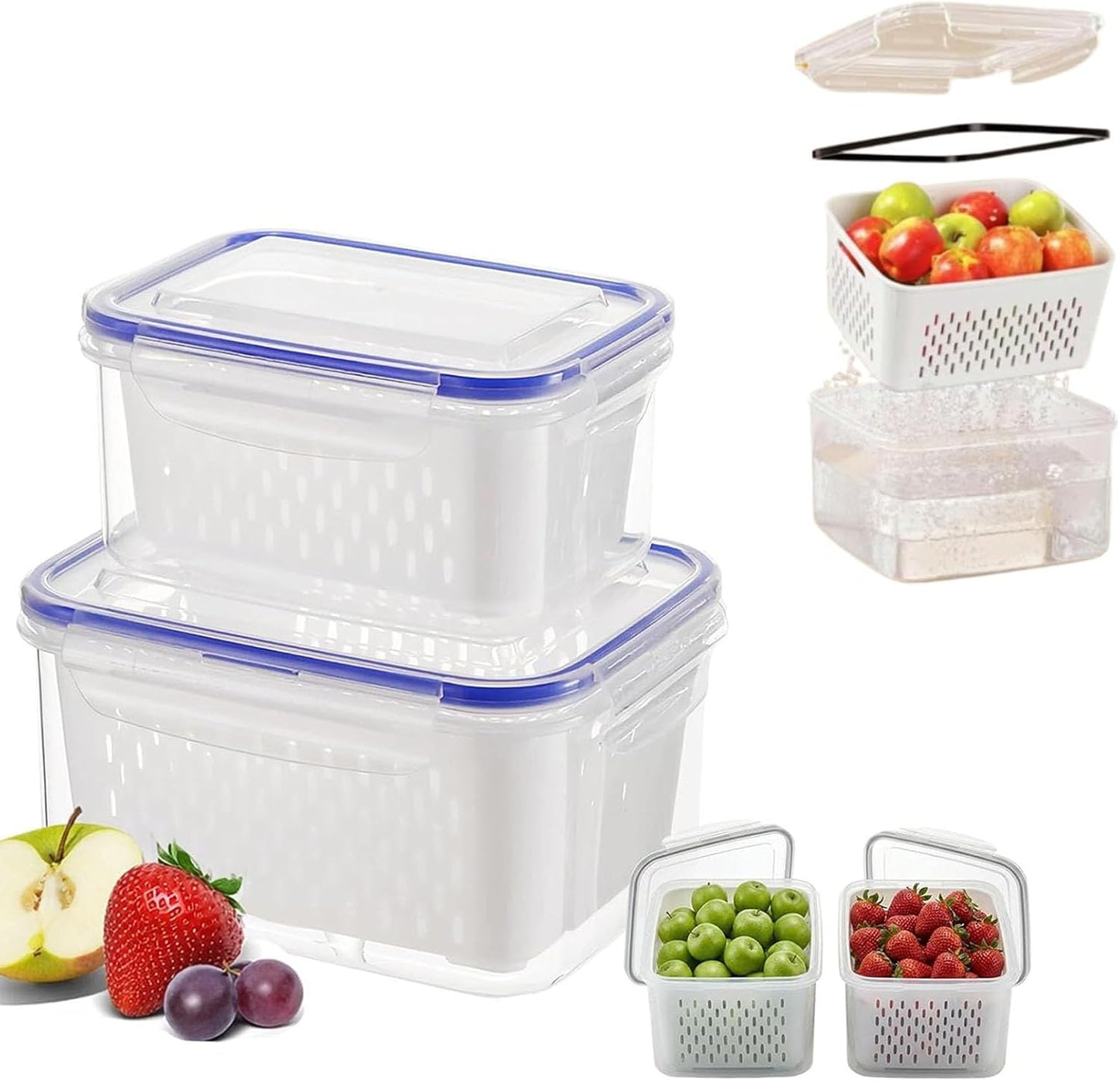 4 in 1 Food Storage Container-2/3 Pack Set with Lids, Fruit Storage Containers for Fridge with Removable Colander,Stackable Fridge Transparent Plastic Storages Box, Dishwasher Safe (Gray, S+M+L)