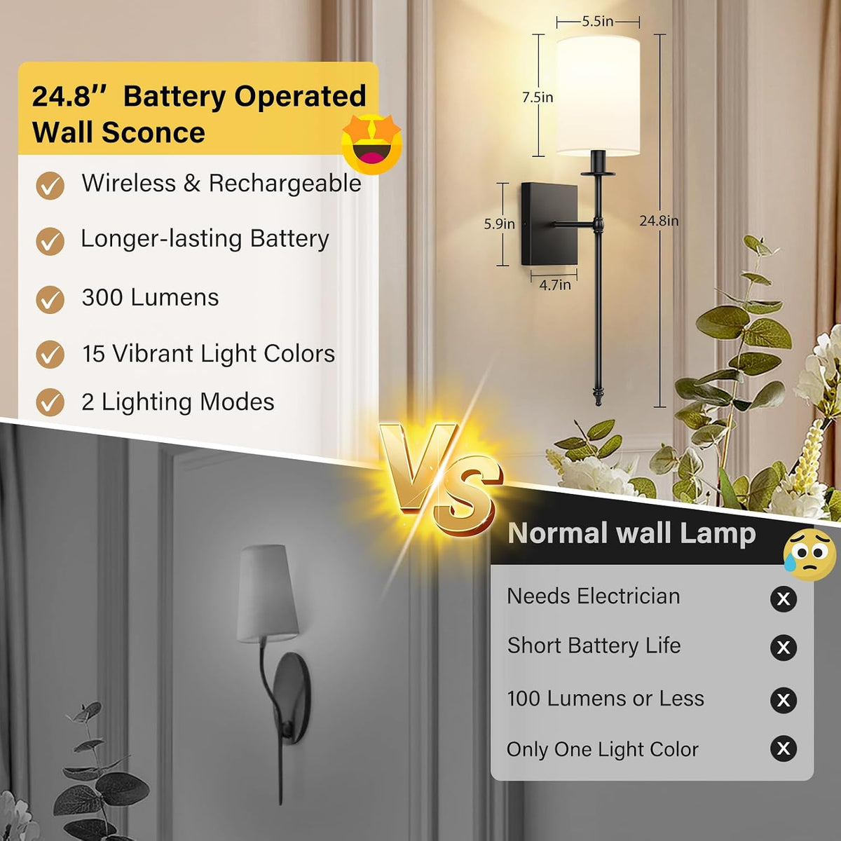 Battery Operated Wall Sconces Set of 2, Rechargeable Sconces with Remote