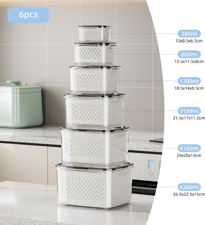 Fruit Storage Container for Fridge with Removable Colander, 6 Pack | Leakproof Produce Containers for Fridge, Airtight Food Storage Container, Keep Fruit, Veggies, Berry, Salad Fresh Longer