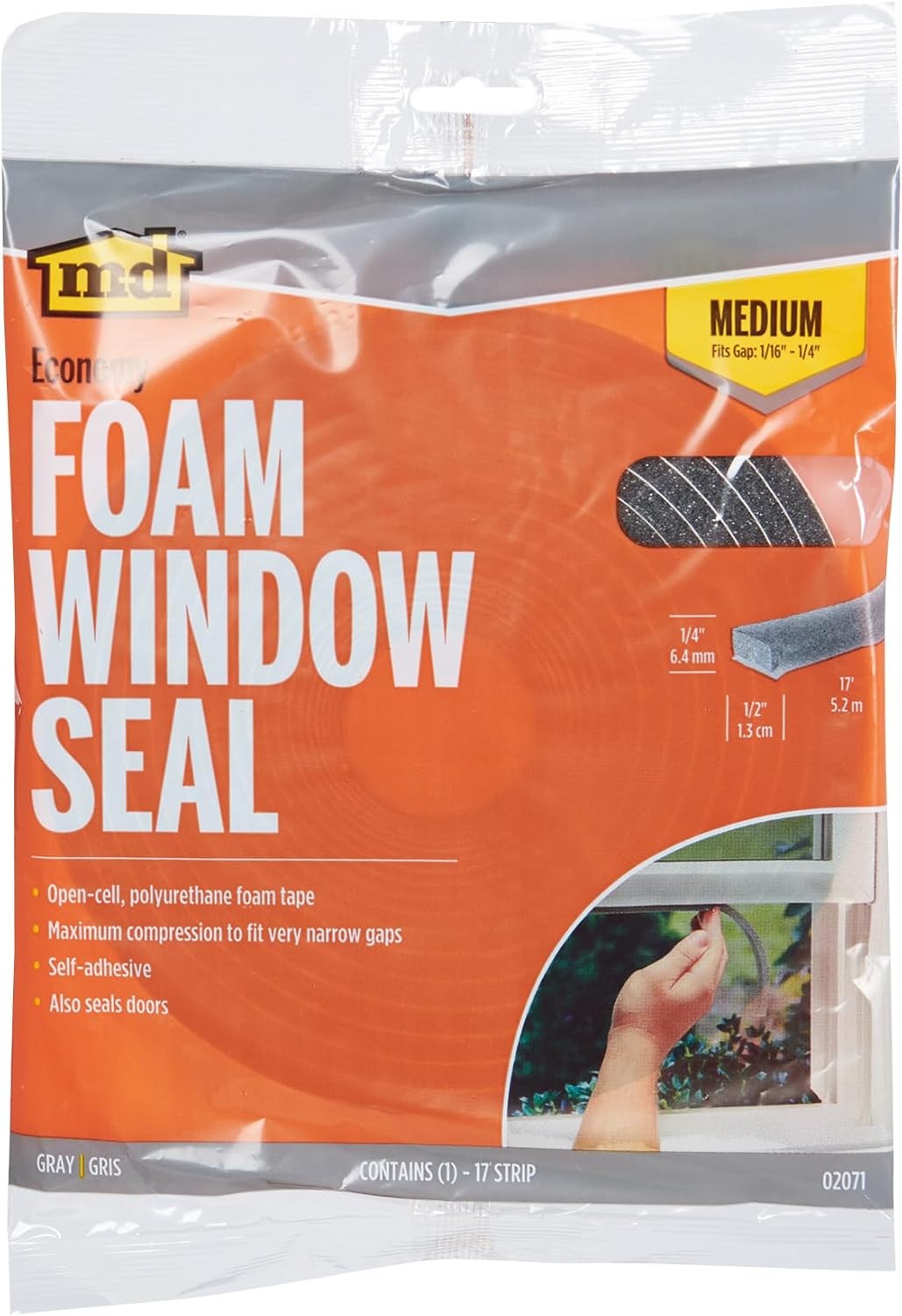 MD Building Foam Window Seal for Ex-Large Gaps, Gray, 17ft | Open-Cell Polyurethane Foam, Self-Adhesive Backing, Cut-to-Length Scissors, Seals Drafts Moisture Dust Insects