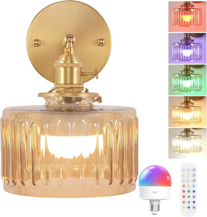 Shenmoyl Battery Operated Wall Sconce with Green Striped Shade Pattern Glass Adjustable Chain Retro Gold Wall Mounted Light, Modern Wall Lamp Fixtures Decor for Bedside Bedroom Indoor Doorway