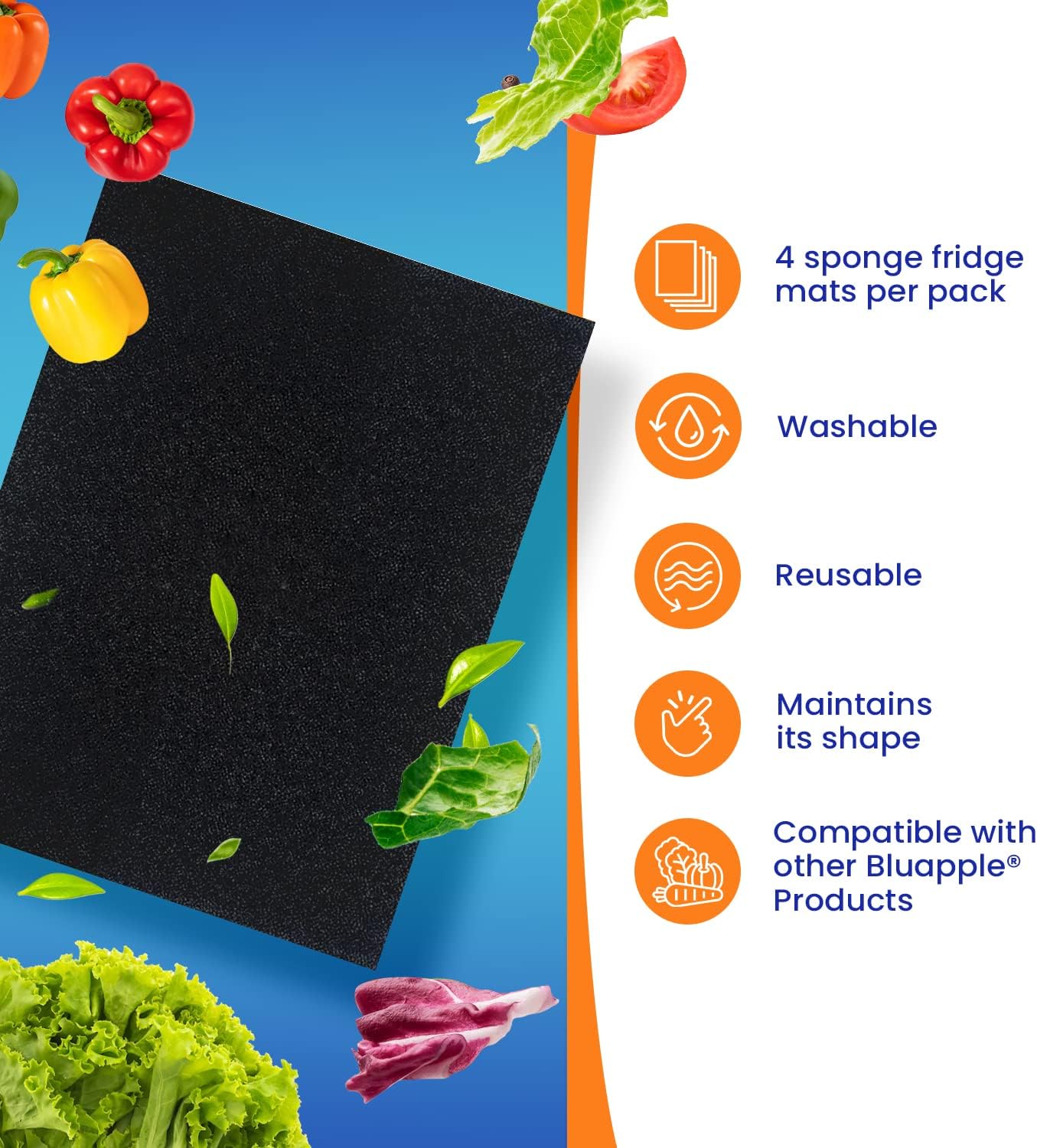 Bluapple FreshMats - Refrigerator Bin Liners, Fridge Drawer Mats - Keeps Produce Fresh Longer, Prevents Bruising, Promotes Air Circulation - BPA-Free Polyurethane Foam - (4-Piece Set, 12"x15", Green)