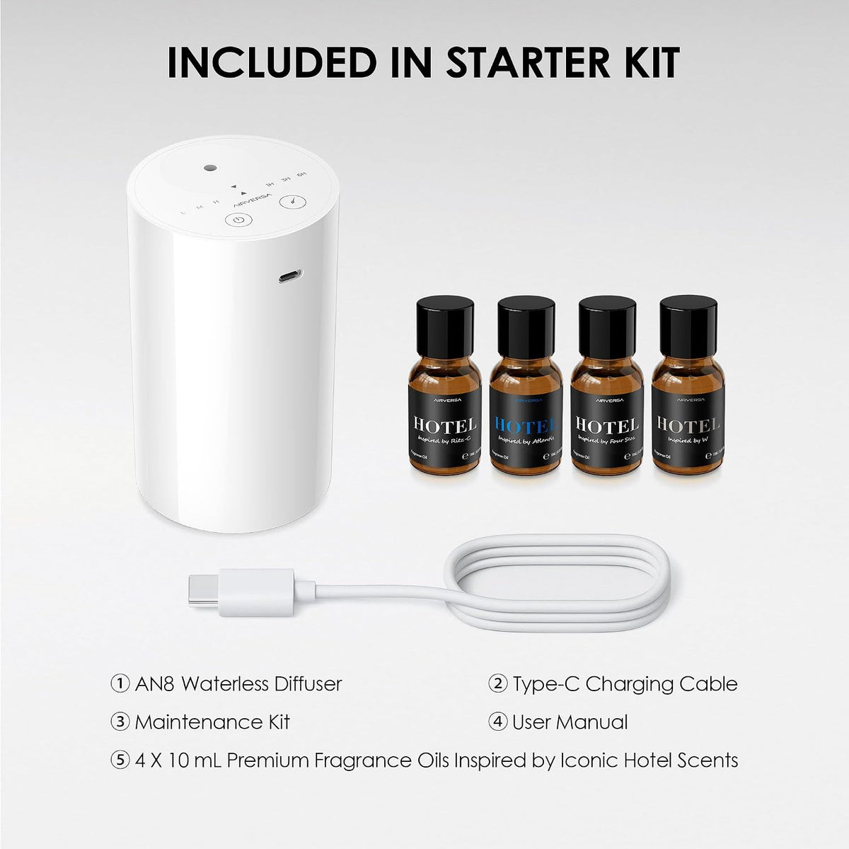 Airversa AN8 Waterless Essential Oil Diffuser Starter Kit, Black