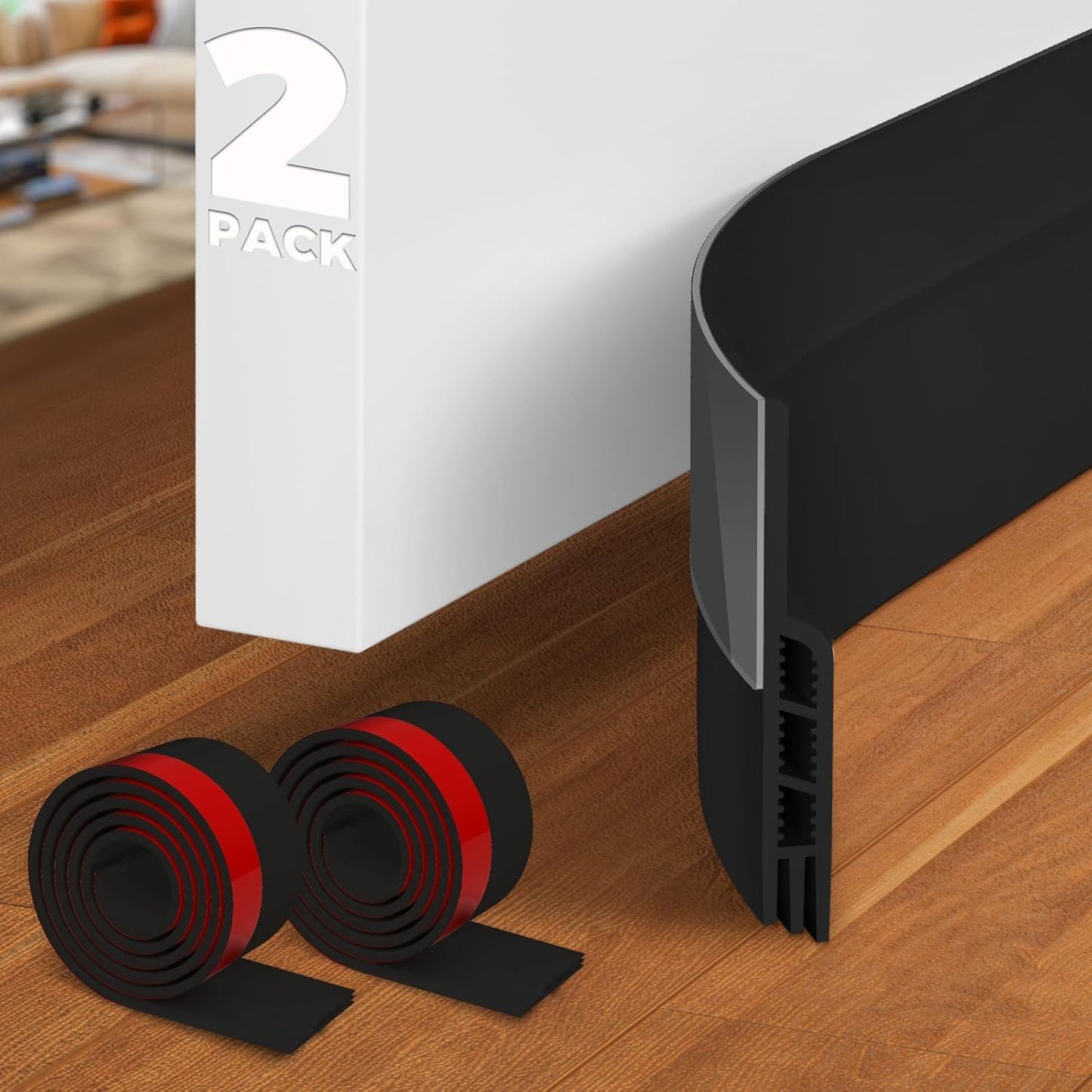 Holikme Door Draft Stopper 2-Pack, Under Door Seal for Bottom Gap Filler | Strong Adhesive Silicone Weather Stripping Garage Window Blocker Cold Air & Noise, Easy Install Door Sweep Strip Save Energy