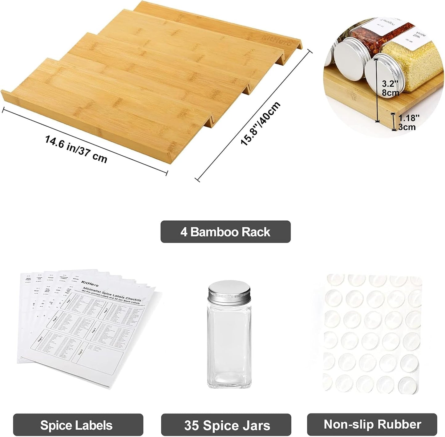 Spice Drawer Organzier,4 Tiers Bamboo Spice Rack Tray Insert for Cabinet Drawer Countertop, Kitchen Seasoning Storage Drawer Organization,14.57" Wide x 15.8" Deep （Hold UP To 32 Jars