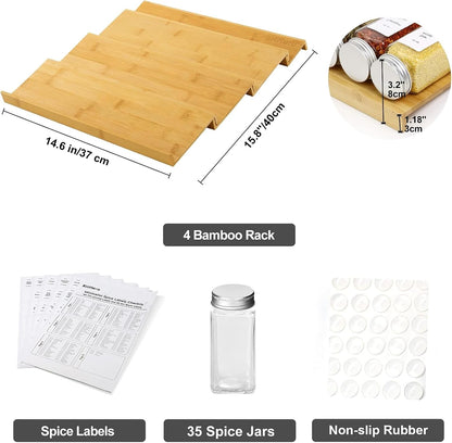 Spice Drawer Organzier,4 Tiers Bamboo Spice Rack Tray Insert for Cabinet Drawer Countertop, Kitchen Seasoning Storage Drawer Organization,14.57" Wide x 15.8" Deep （Hold UP To 32 Jars