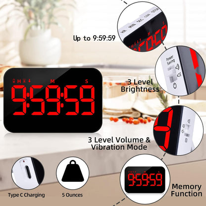 PERSUPER Kitchen Digital Timer, Count Down Up, Rechargeable, Vibration Mode | Adjustable Volume and Brightness LED Display, Time Management Cook, Desk, Kids Adults Study Teaching, Kitchen Gadgets RGB ﻿