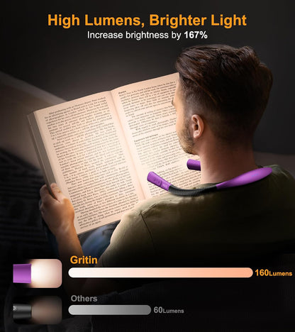 Gritin Book Light, Eye Caring 4-Color&5-Brightness Neck Light Reading Light | Stepless Dimming, 30-min Timer, 80+ Hrs Runtime, Bendable Round Neck Design, Lightweight for Reading, Knitting, Repairing