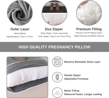 ALLOPERA Pregnancy Pillows for Sleeping, 57-Inch U-Shaped Full Body Maternity Pillow with Adjustable Fill and Removable Washable Cover, Back, Belly, Hip and Leg Support for Pregnant Women, Black Grey