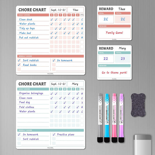 ALEZEL Magnetic Chore Chart for Kids Multiple Kids, Dry Erase Fridge Chore | Includes Behavior Responsibility Chart Whiteboards for Refrigerator & Reward Boards, 4 Markers + Eraser